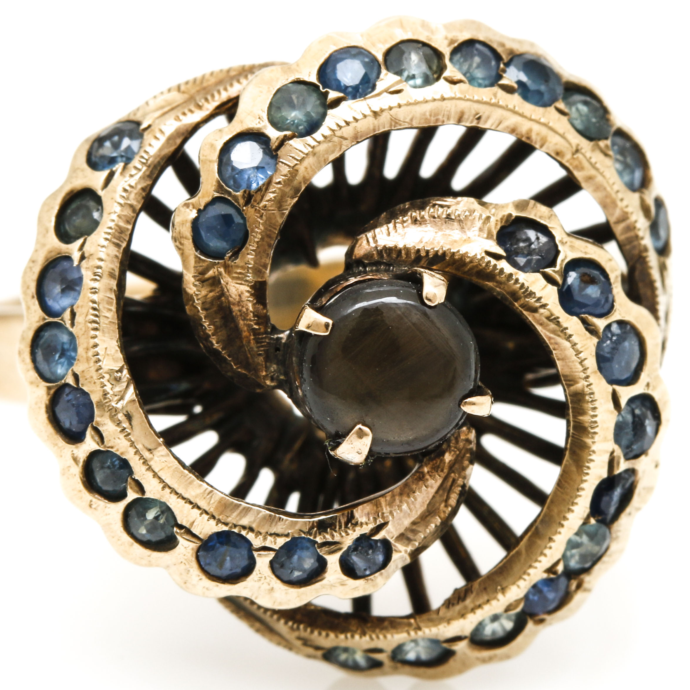 10K Yellow Gold Black Star Sapphire and Blue Sapphire Ring