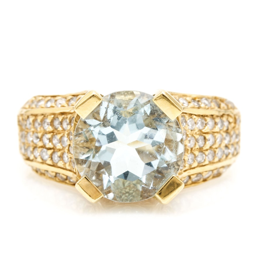 18K Yellow Gold 3.21 CT Aquamarine and Diamond Ring
