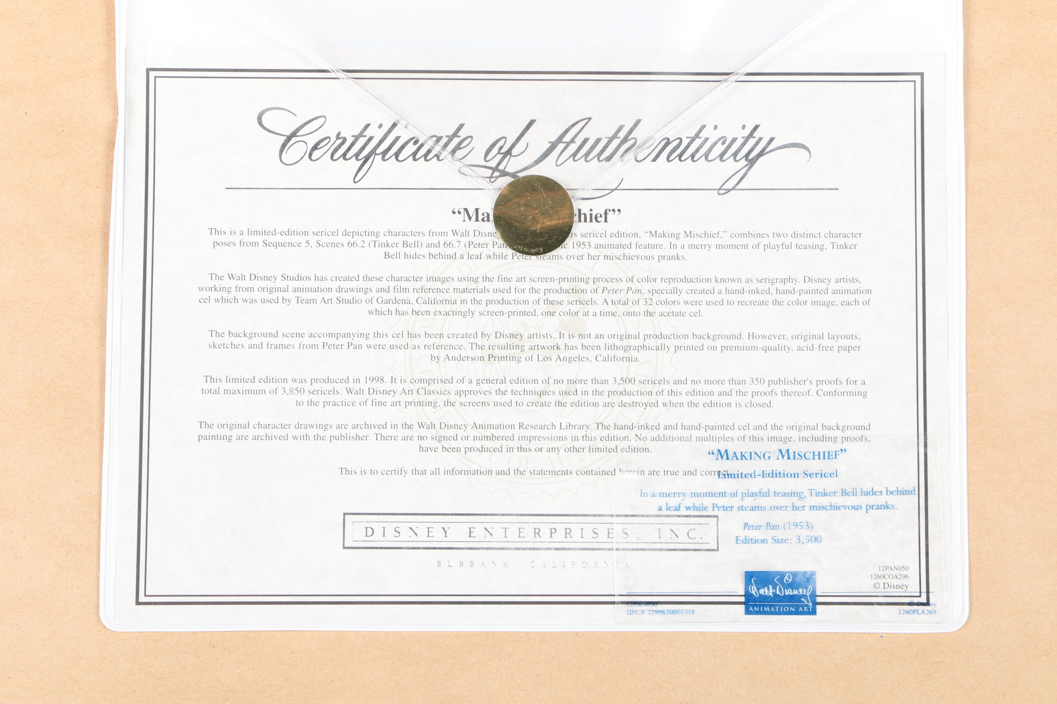 The Walt Disney Company Limited Edition Sericel "Making Mischief"