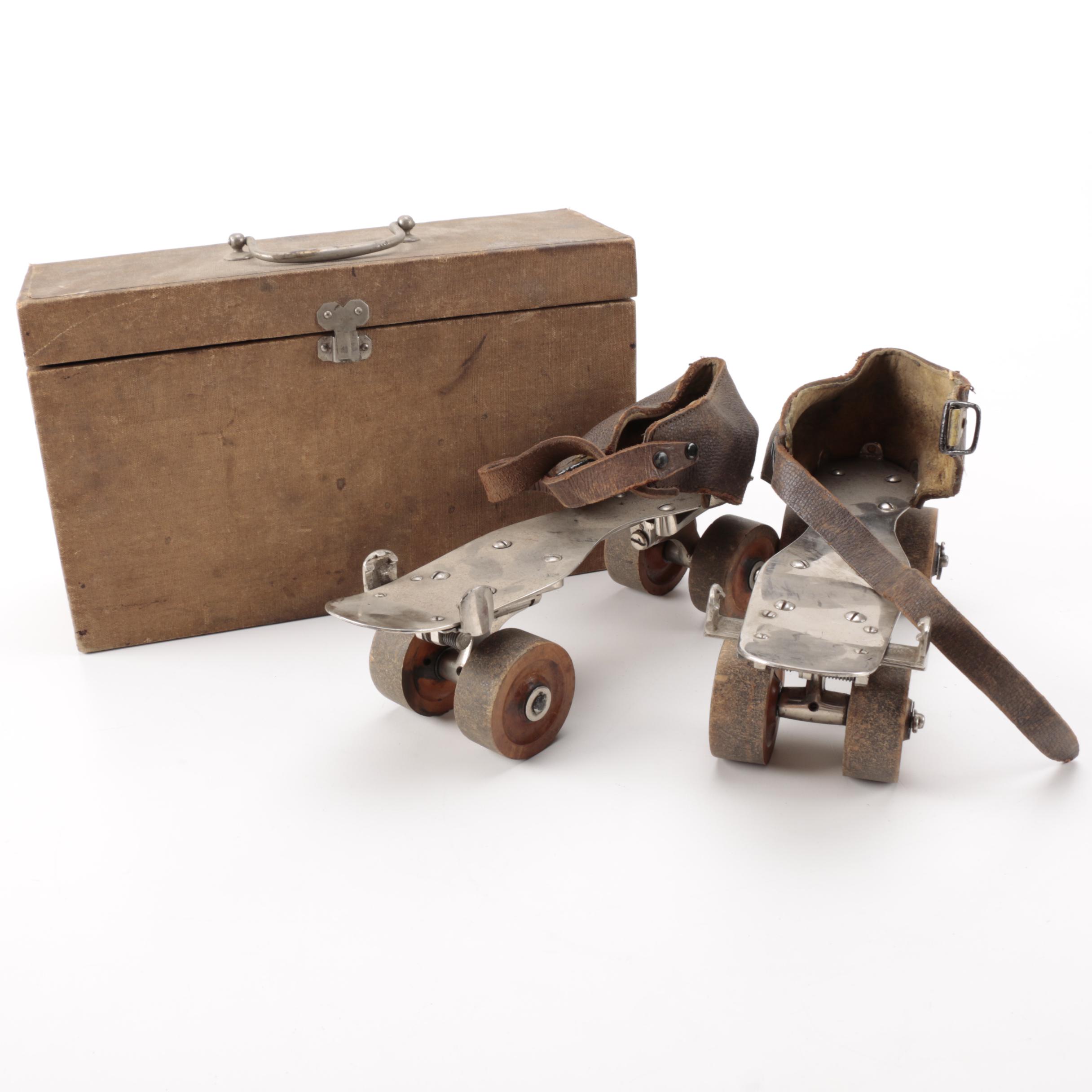 Vintage Metal Roller Skates in Case