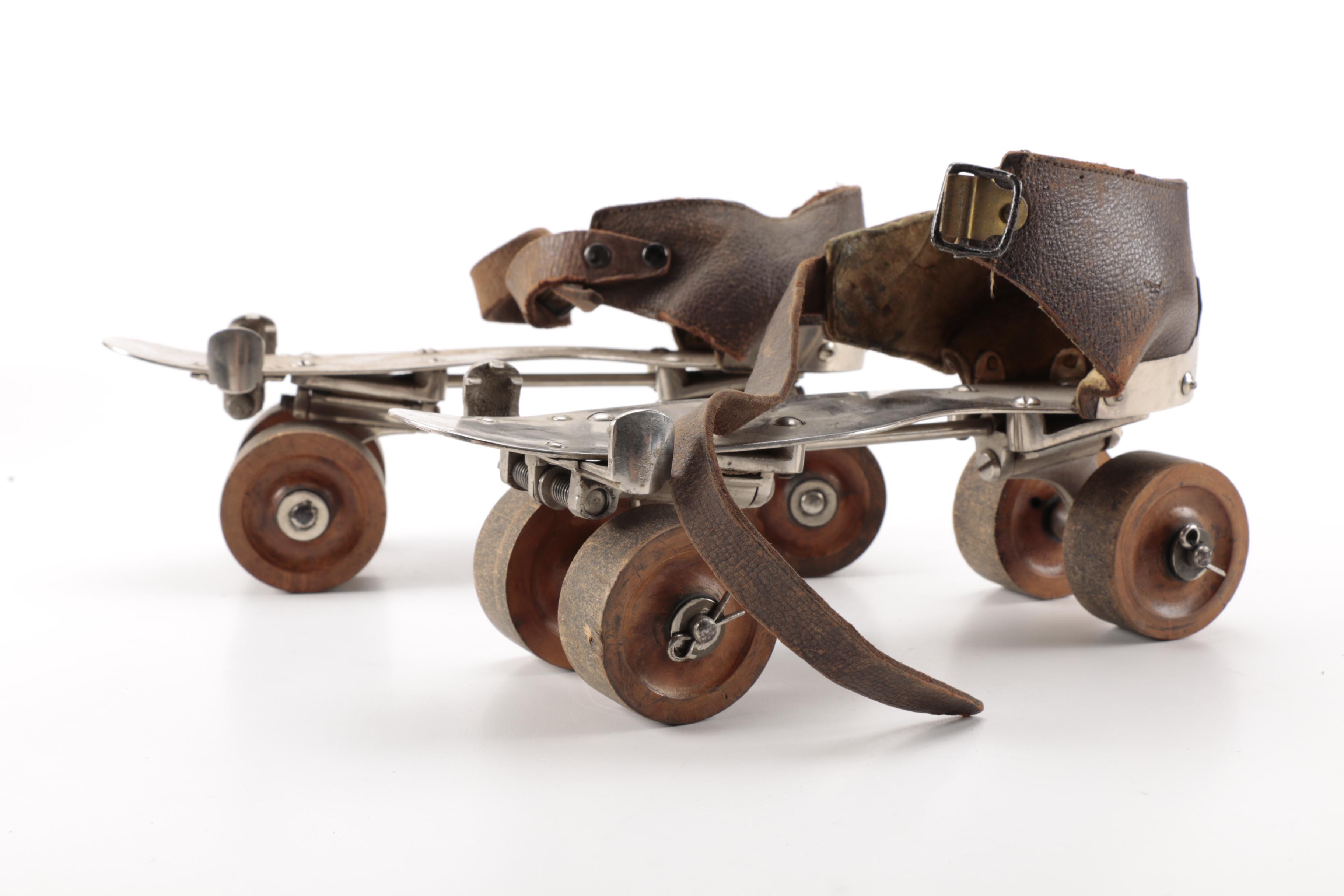 Vintage Metal Roller Skates in Case