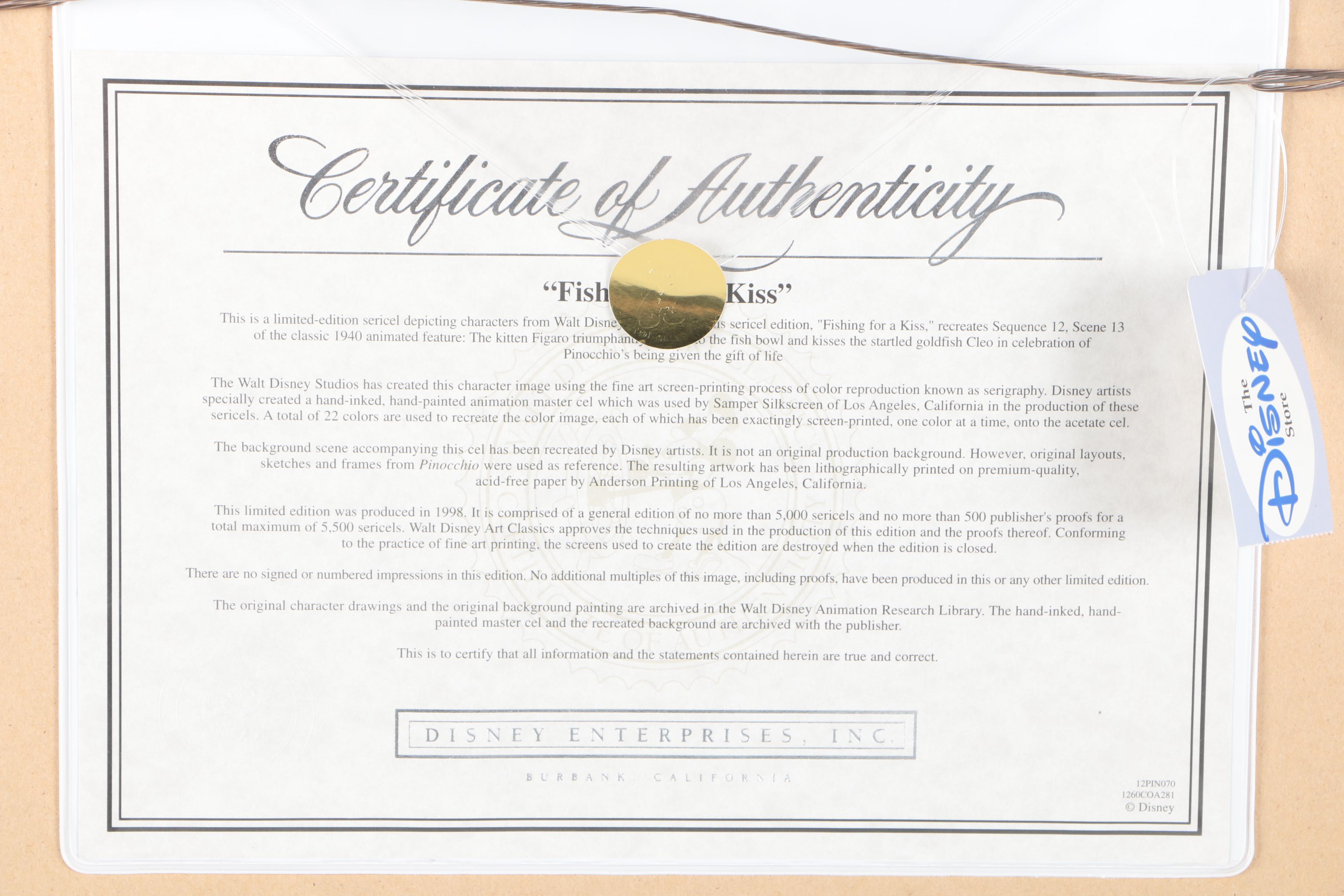 Walt Disney 1998 Limited Edition Sericel "Fishing for a Kiss" After "Pinnochio"