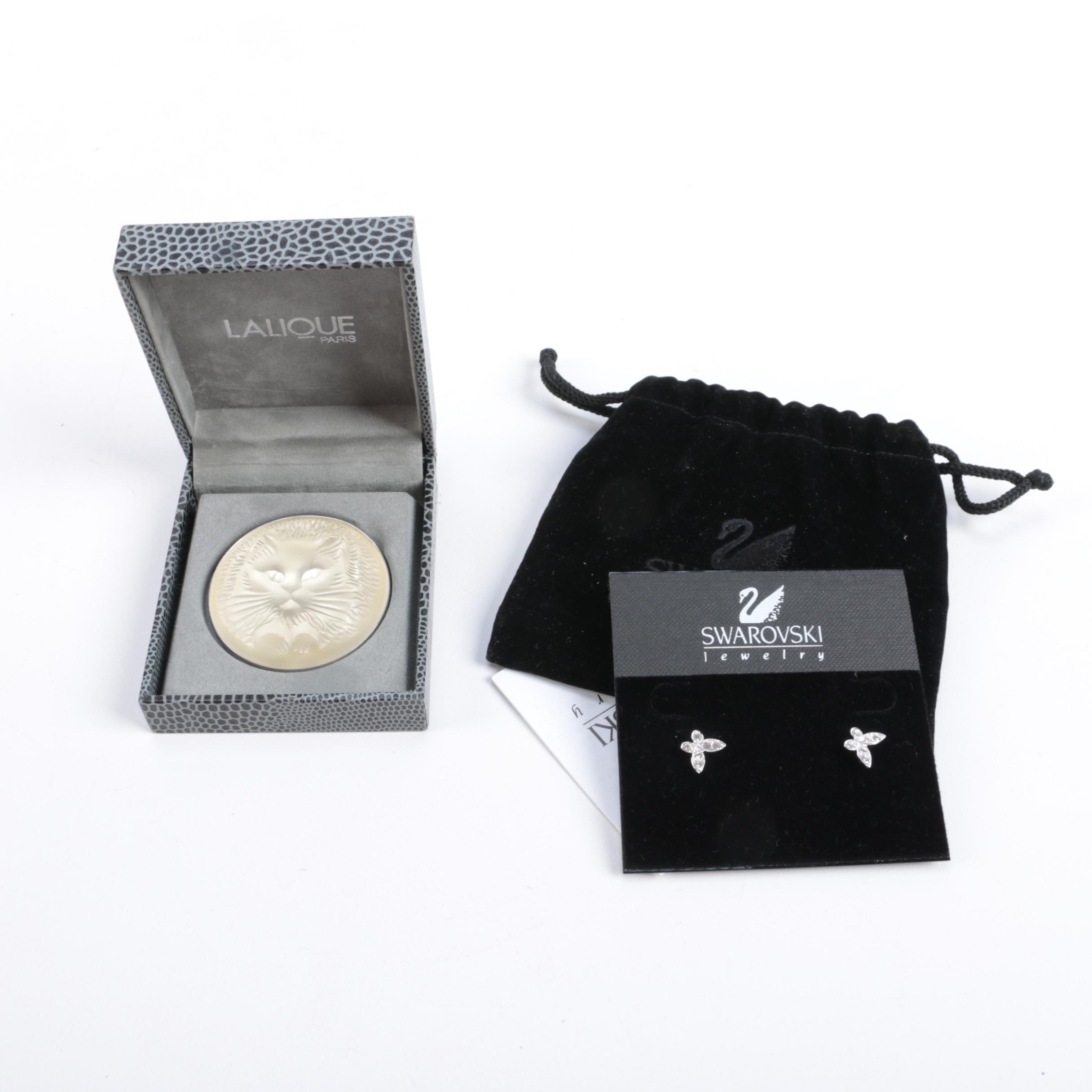 Lalique Crystal Cat Brooch and Swarovski Earrings