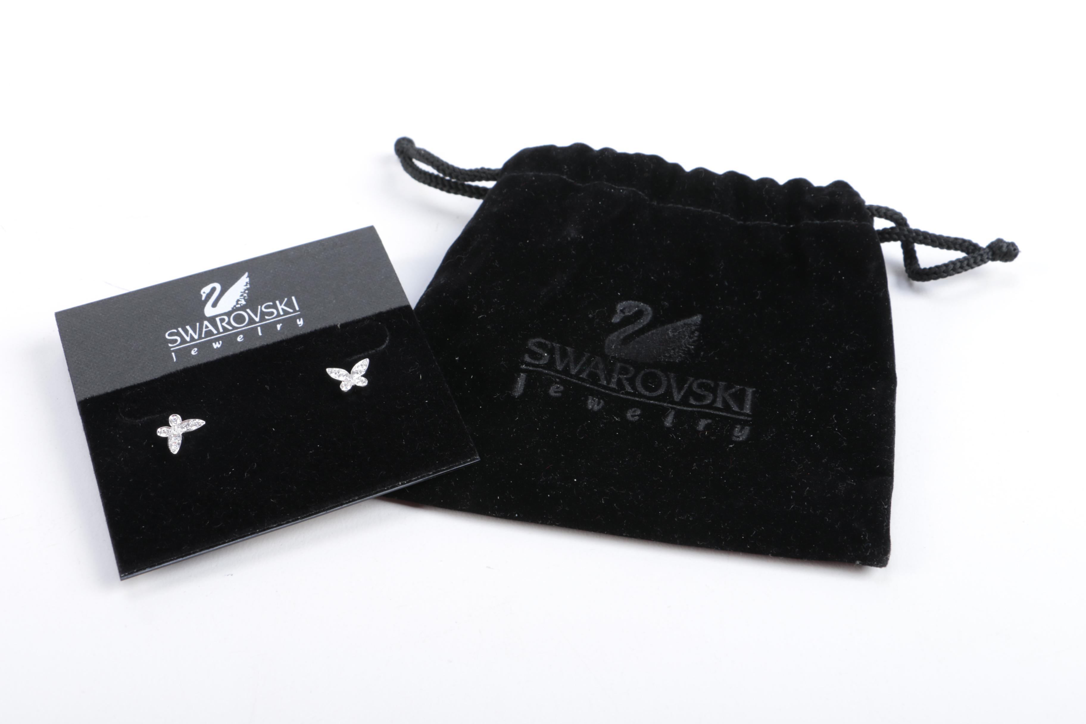 Lalique Crystal Cat Brooch and Swarovski Earrings