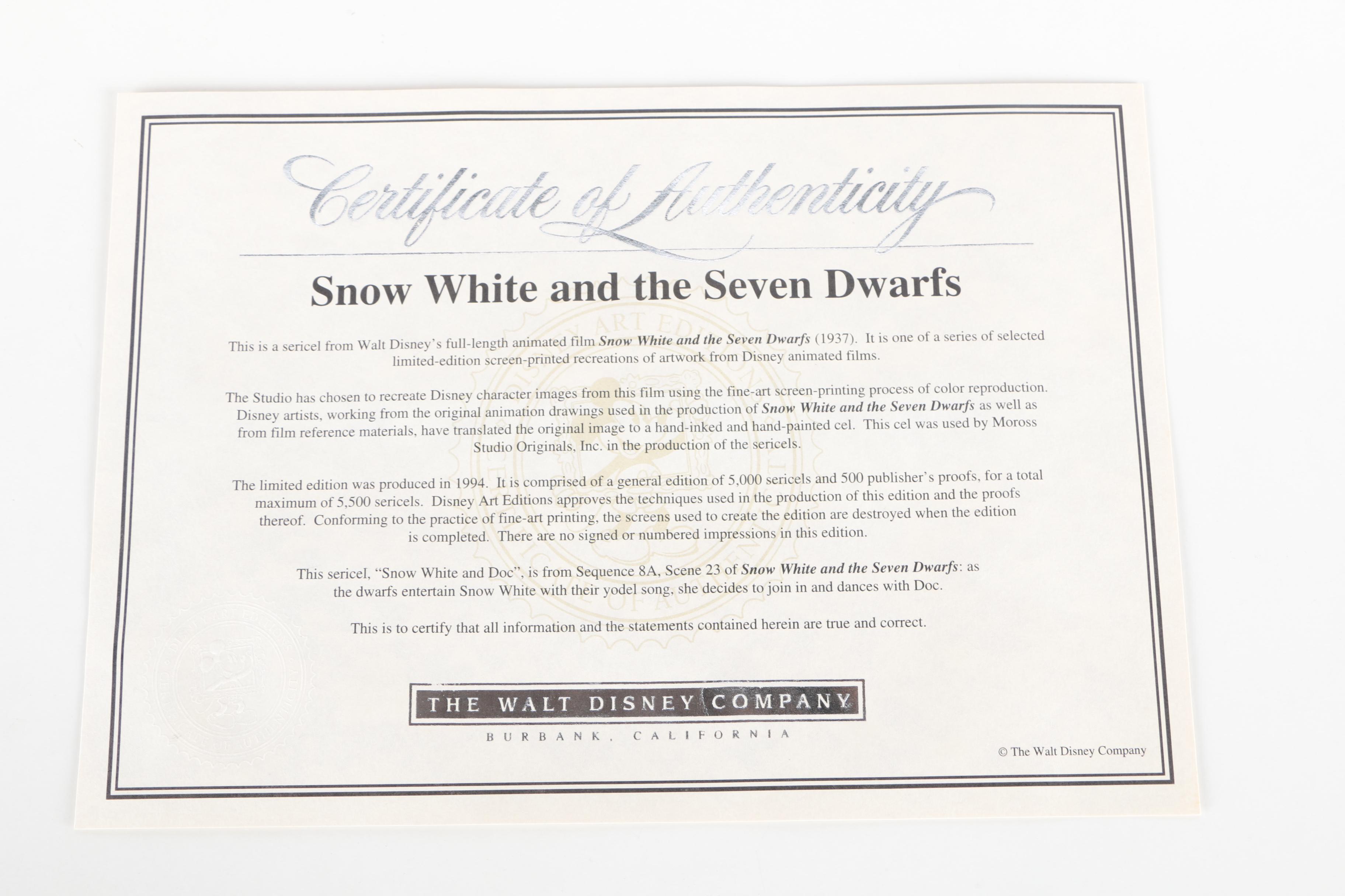 Walt Disney 1994 Limited Edition Sericel "Snow White and Doc" After "Snow White and the Seven Dwarfs"