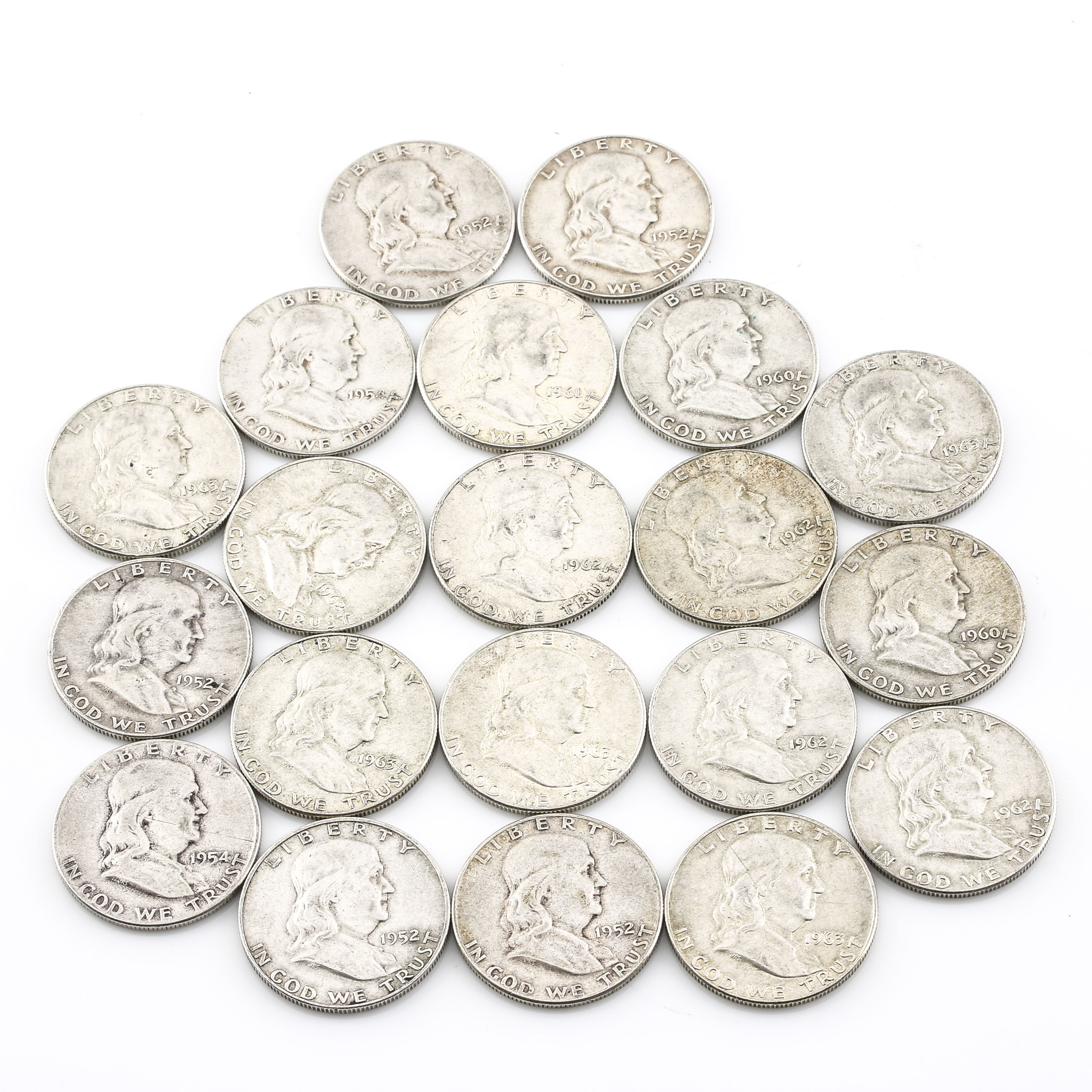 Group of Twenty Benjamin Franklin Silver Half Dollars