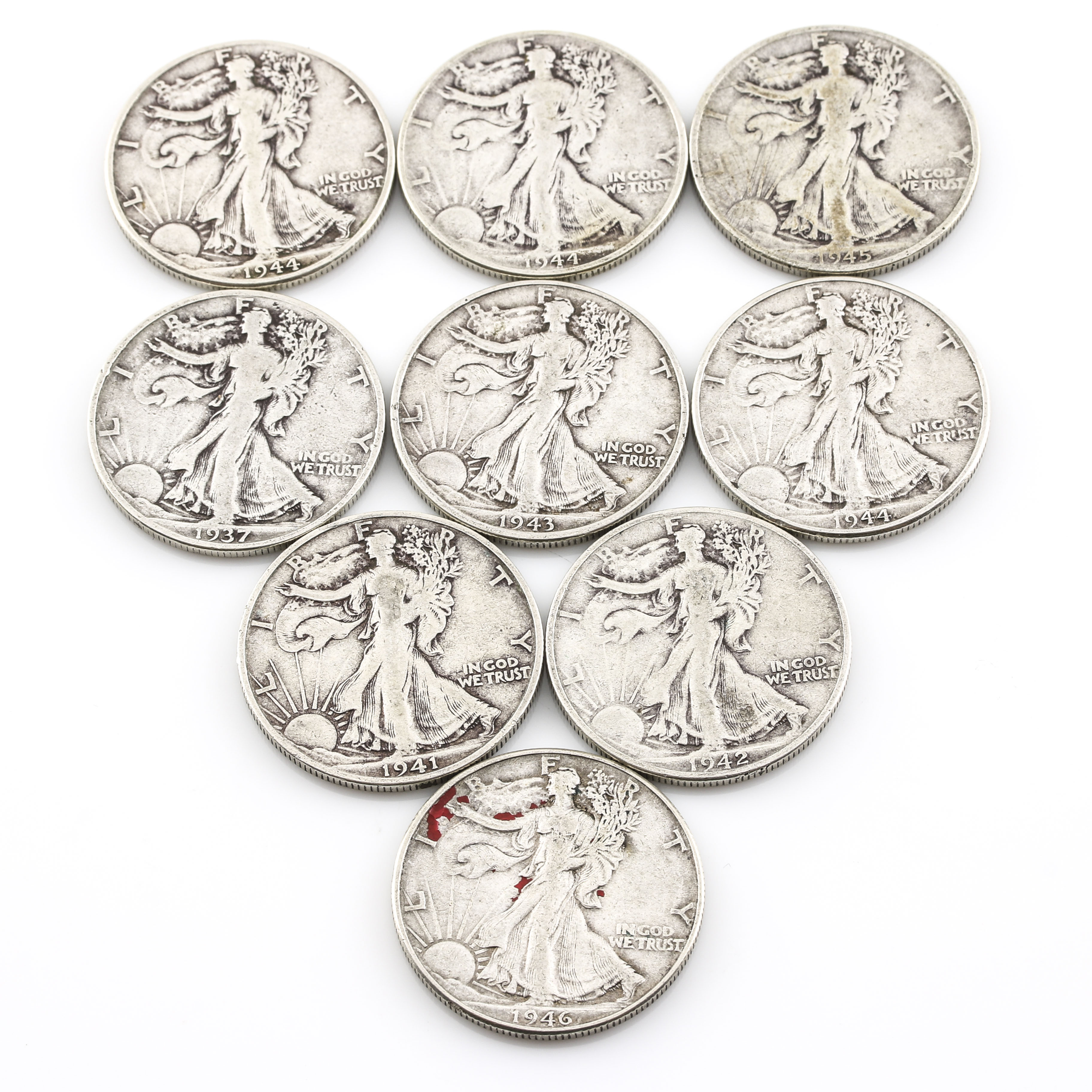 Group of Nine Walking Liberty Silver Half Dollars with Years Ranging from 1937 to 1946