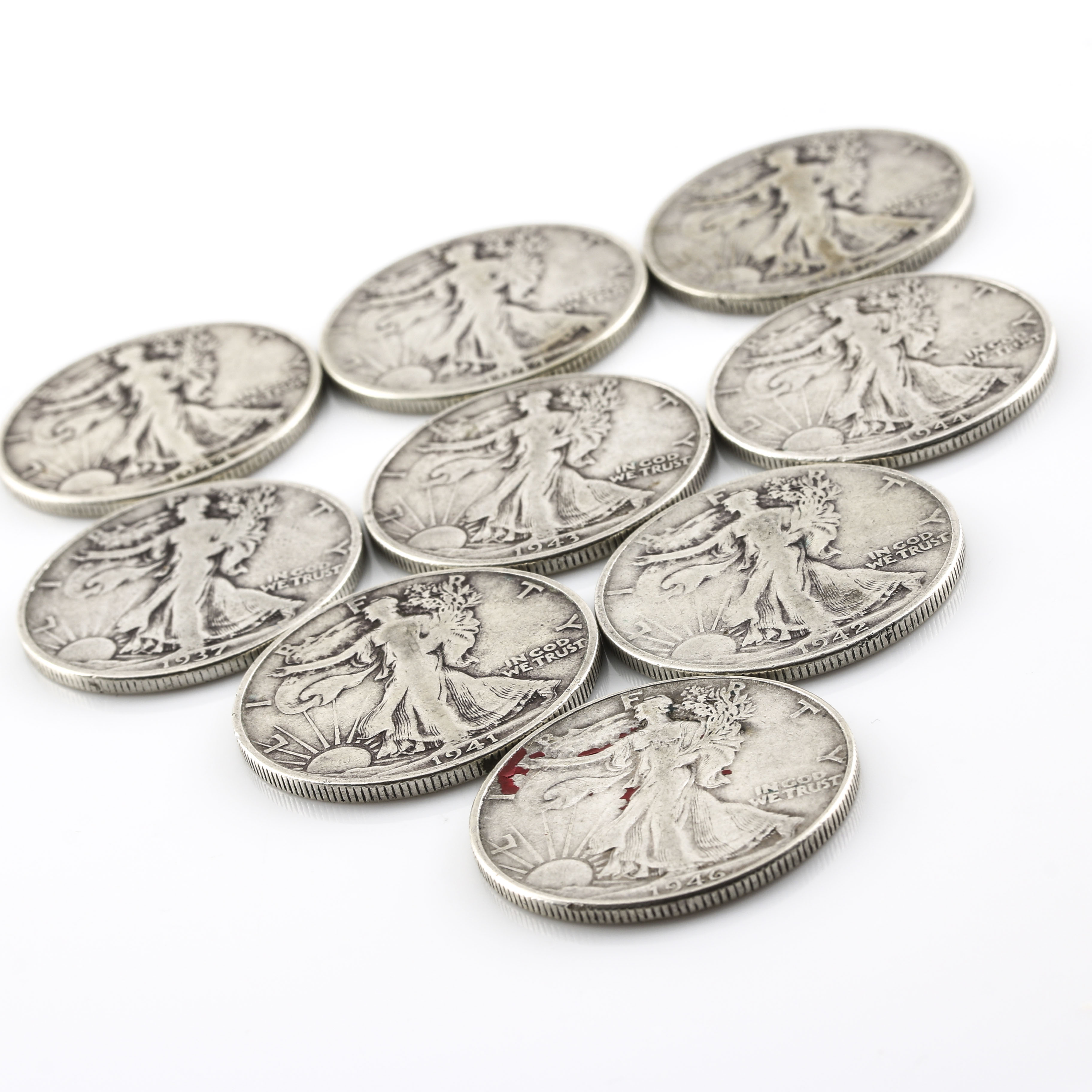 Group of Nine Walking Liberty Silver Half Dollars with Years Ranging from 1937 to 1946