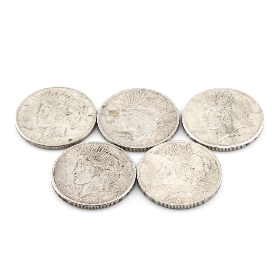 Group of Five Silver Peace Dollars