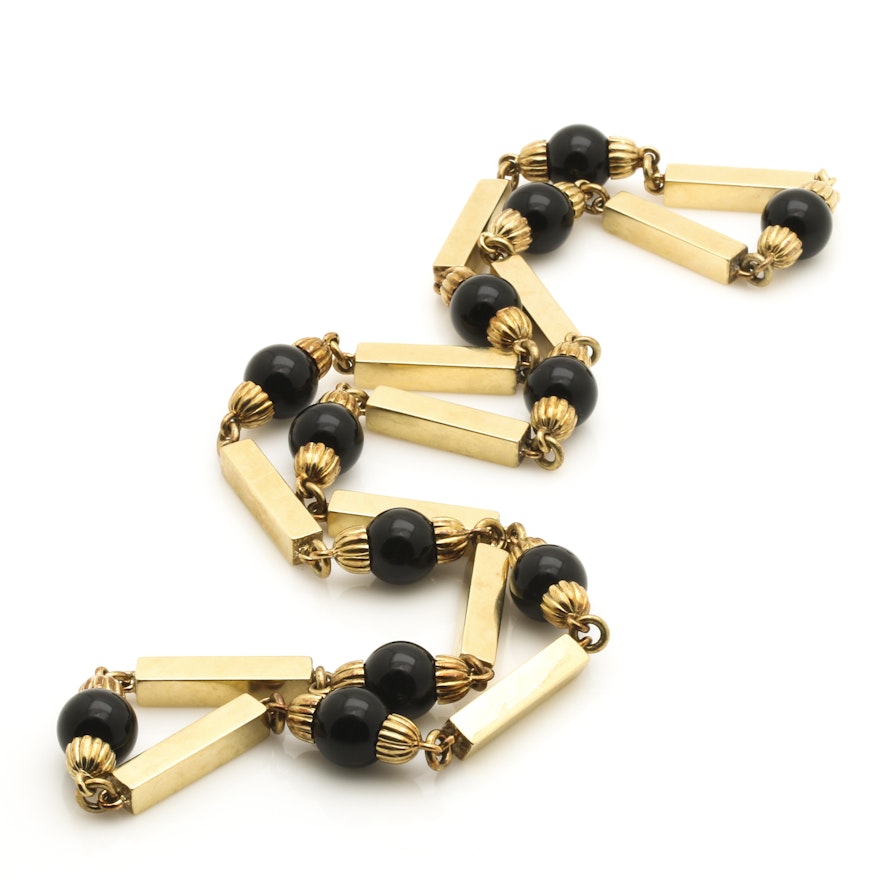 14K Yellow Gold Black Onyx Bead Necklace