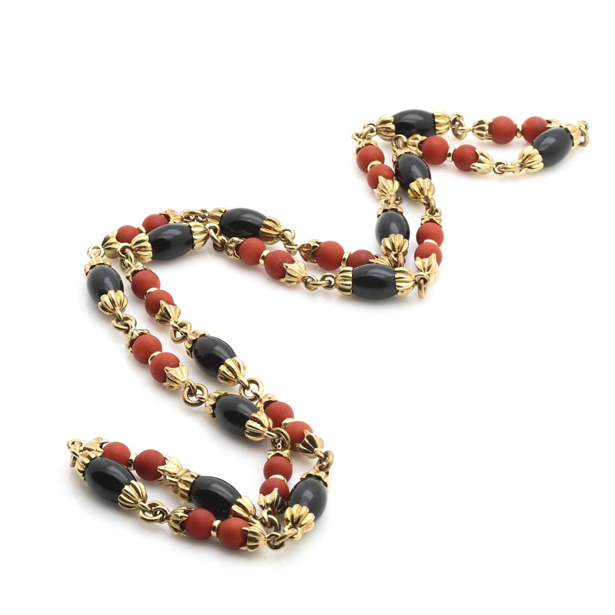 14K Yellow Gold Coral and Onyx Beaded Necklace