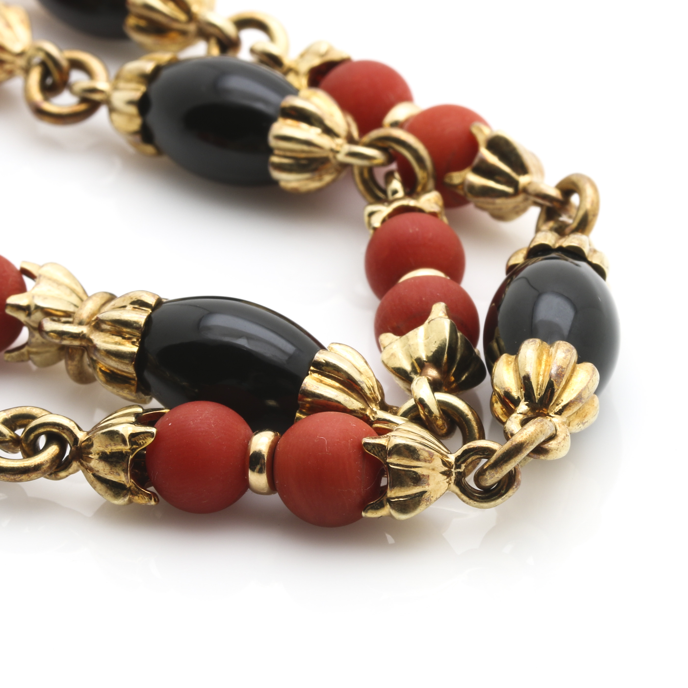 14K Yellow Gold Coral and Onyx Beaded Necklace
