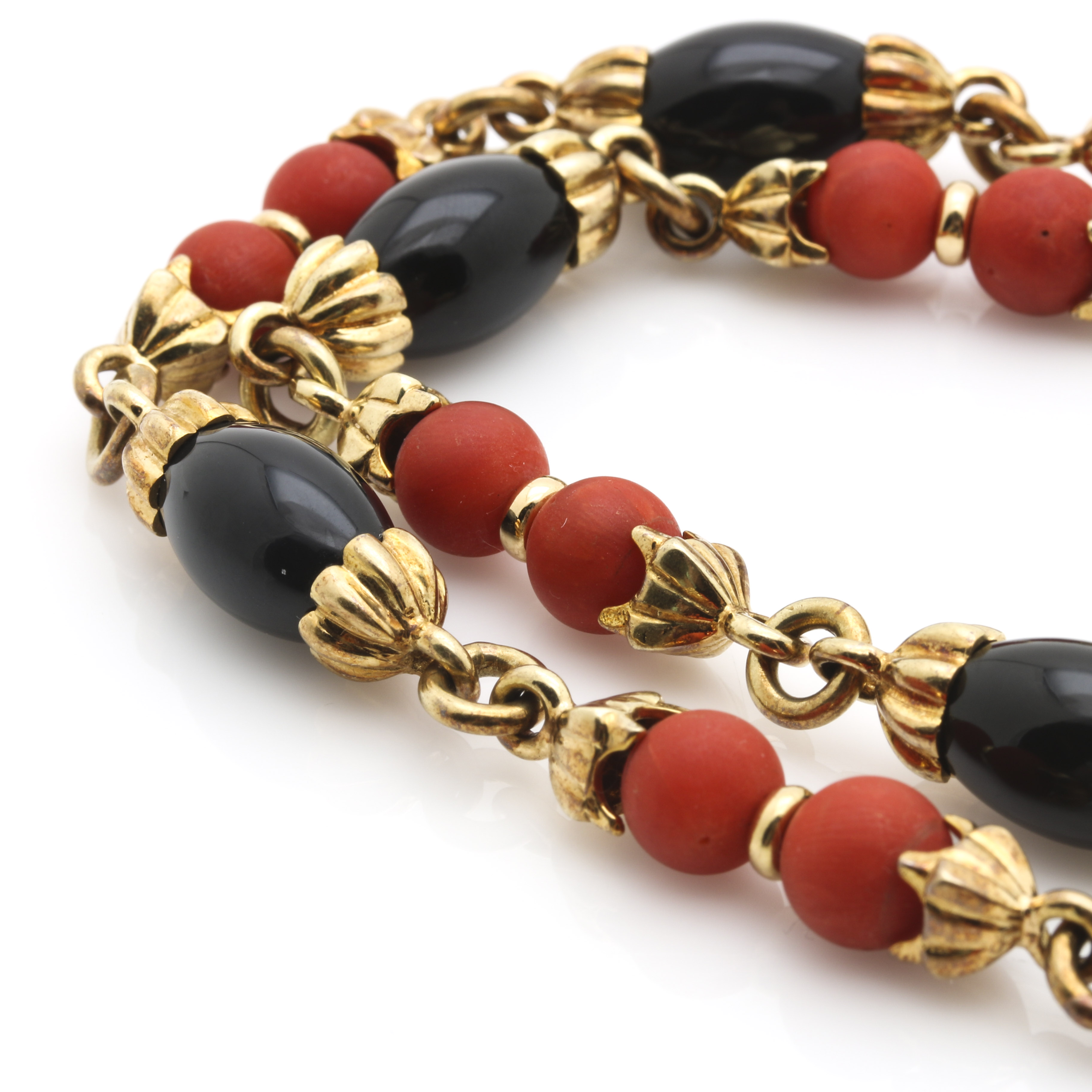 14K Yellow Gold Coral and Onyx Beaded Necklace