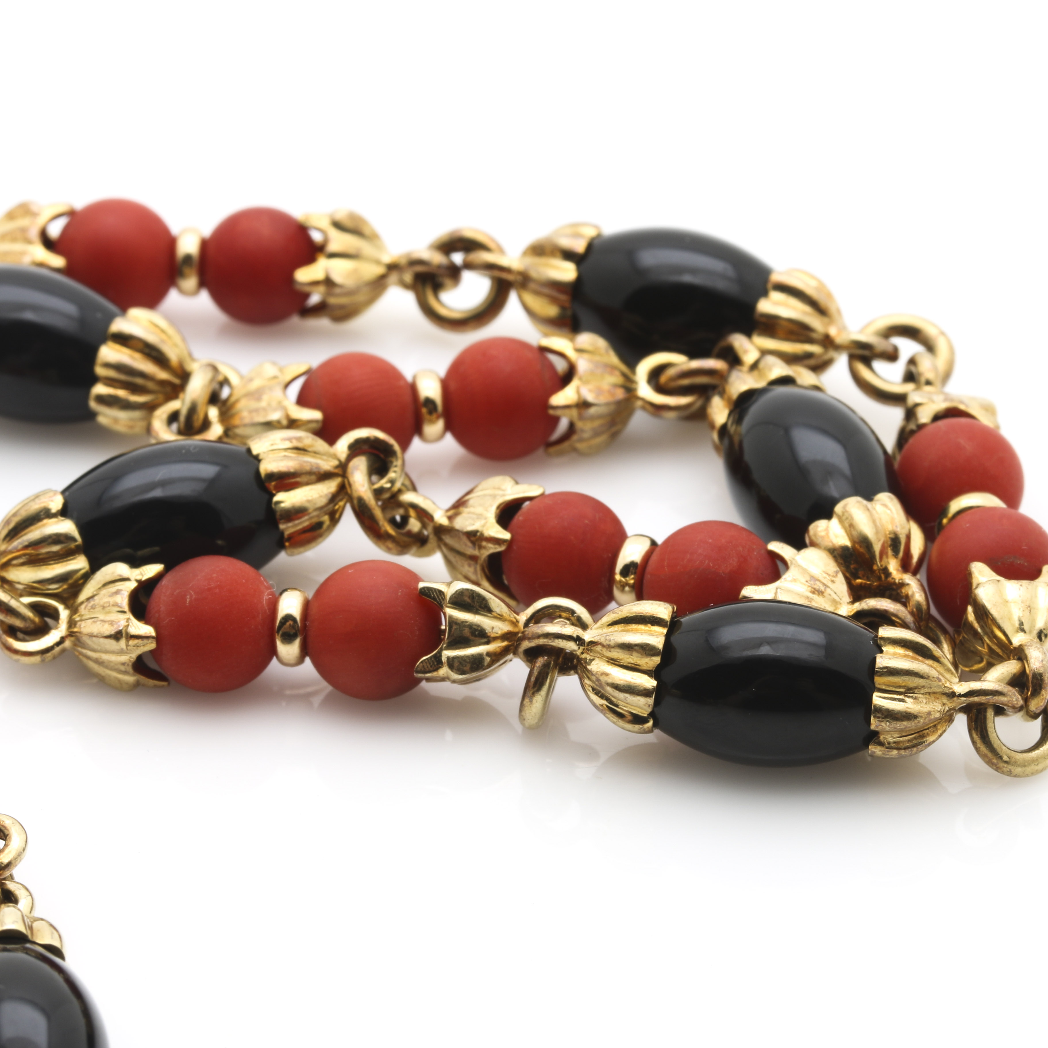 14K Yellow Gold Coral and Onyx Beaded Necklace