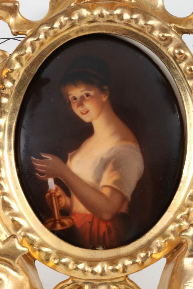 19th-Century Painted German Porcelain Plaque with Gesso Frame