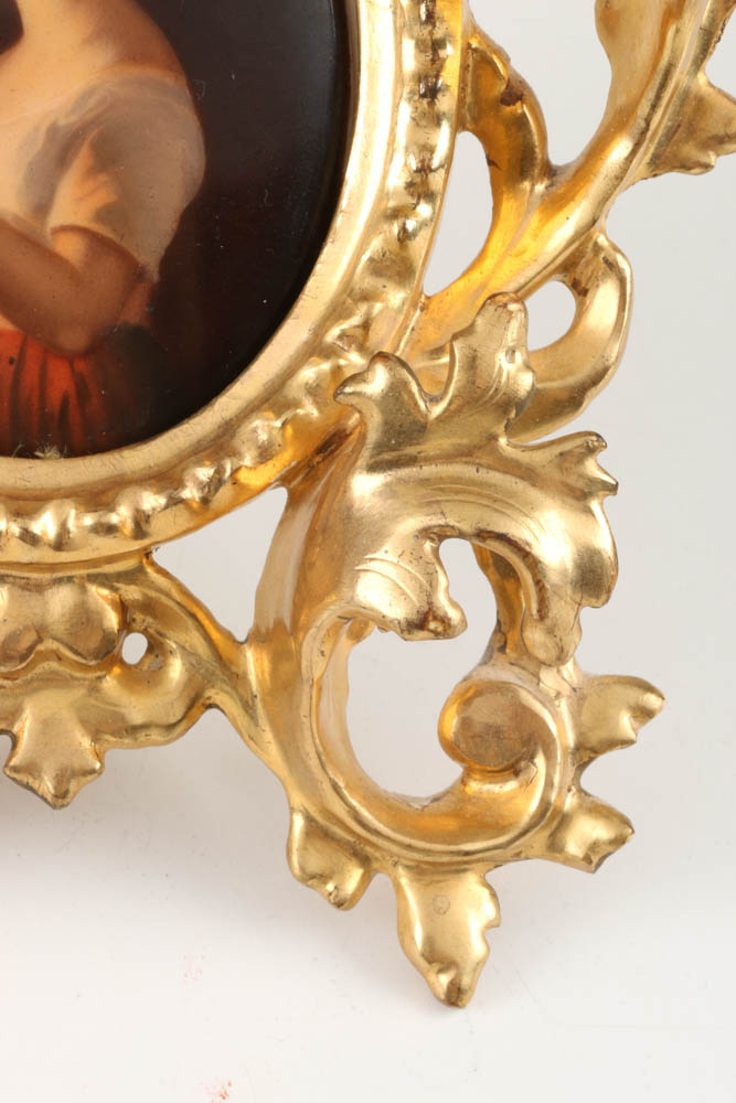 19th-Century Painted German Porcelain Plaque with Gesso Frame