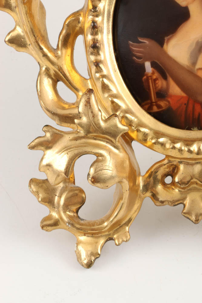 19th-Century Painted German Porcelain Plaque with Gesso Frame