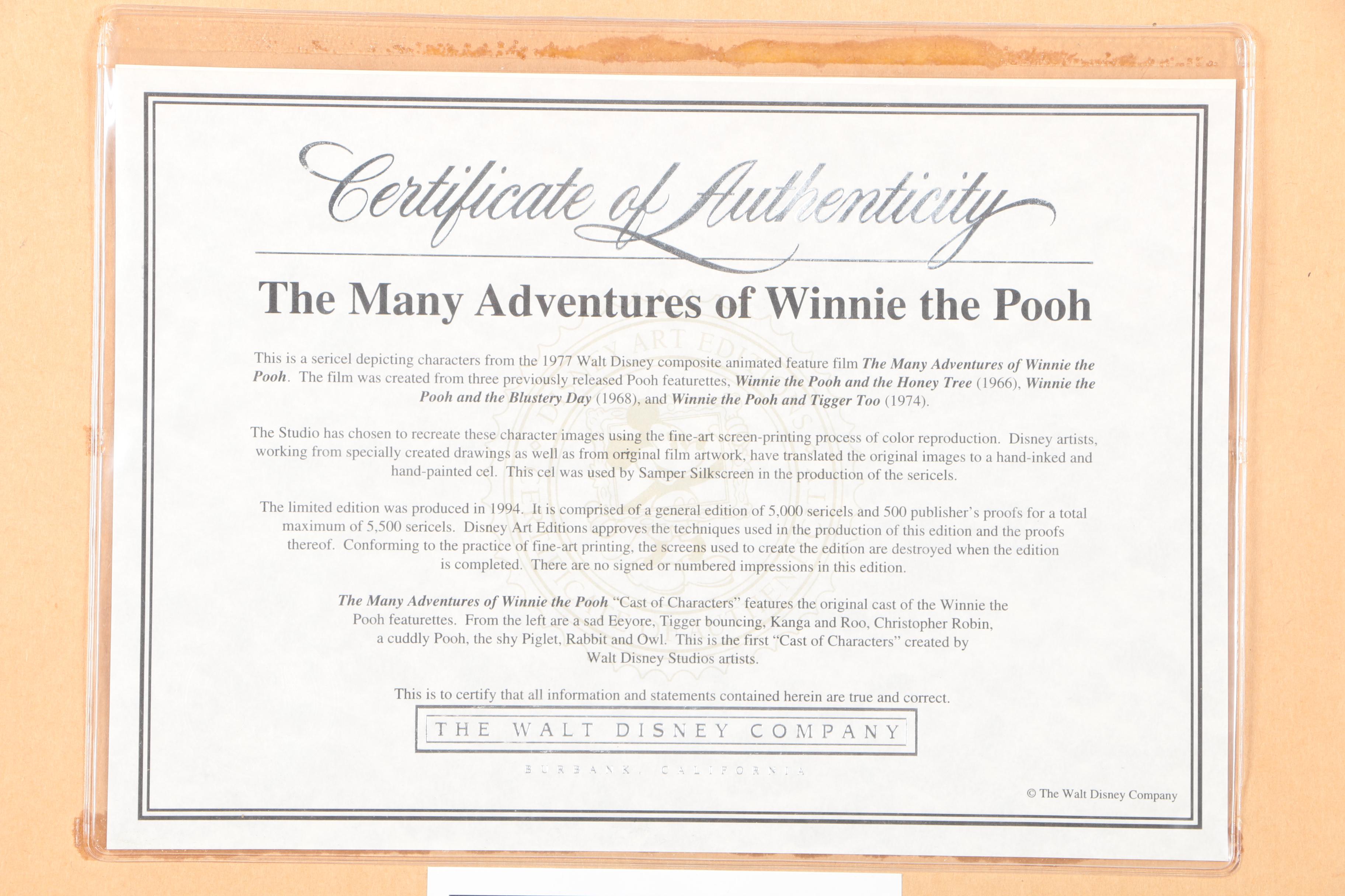 The Walt Disney Company Limited Edition Sericel "The Many Adventures of Winnie the Pooh"