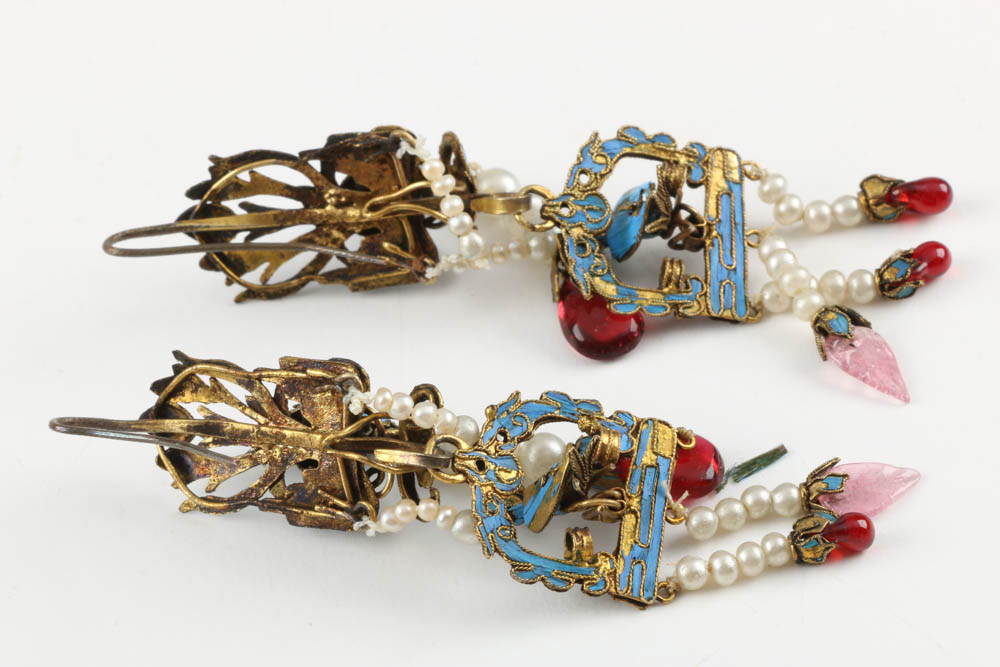 Chinese Qing Dynasty Kingfisher Feather and Jewel Earring