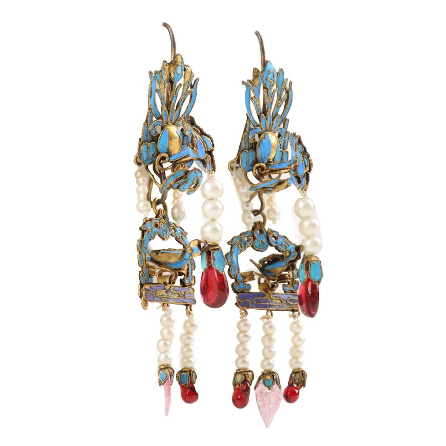 Chinese Qing Dynasty Kingfisher Feather and Jewel Earring