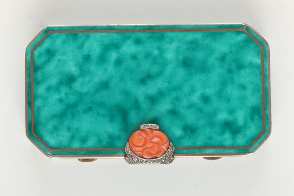 Augusta Peyroula  Art Deco Sterling, Diamond and Coral Compact