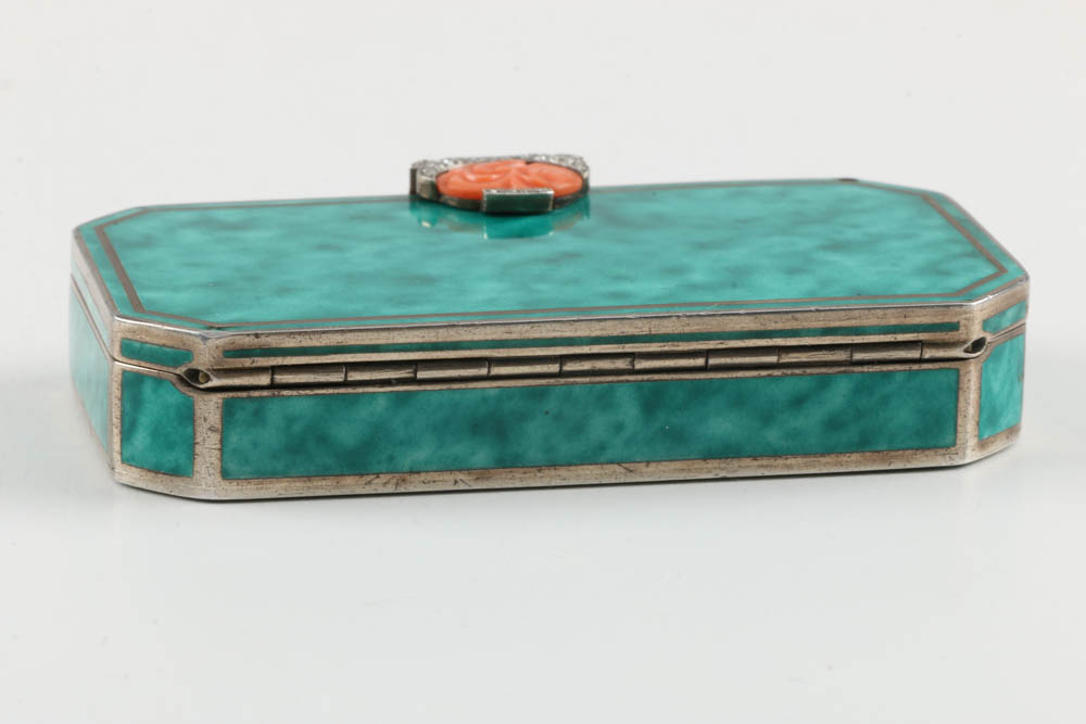 Augusta Peyroula  Art Deco Sterling, Diamond and Coral Compact