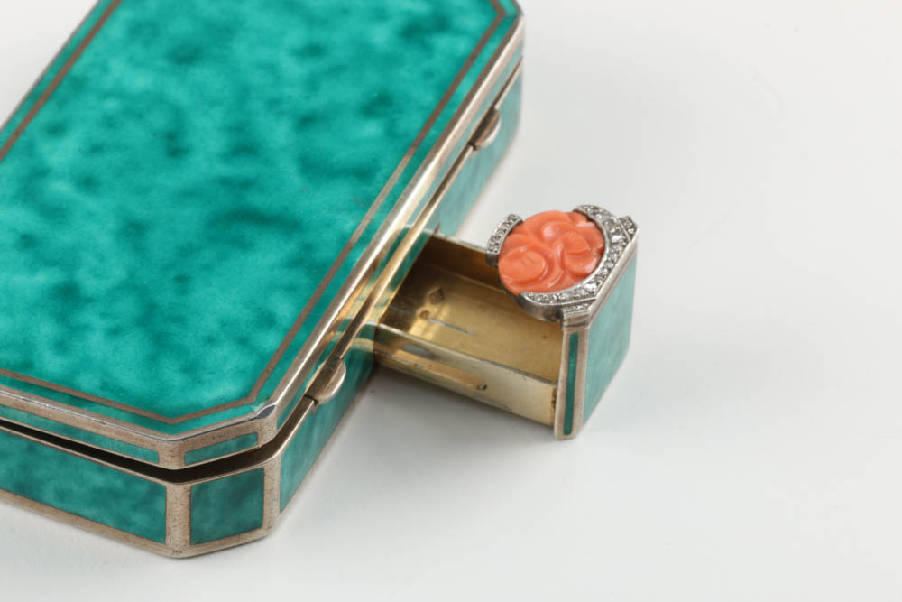 Augusta Peyroula  Art Deco Sterling, Diamond and Coral Compact