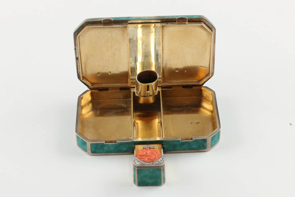 Augusta Peyroula  Art Deco Sterling, Diamond and Coral Compact