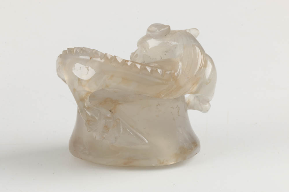 Chinese Carved Agate Chalcedony Figural Urn on Rosewood Base