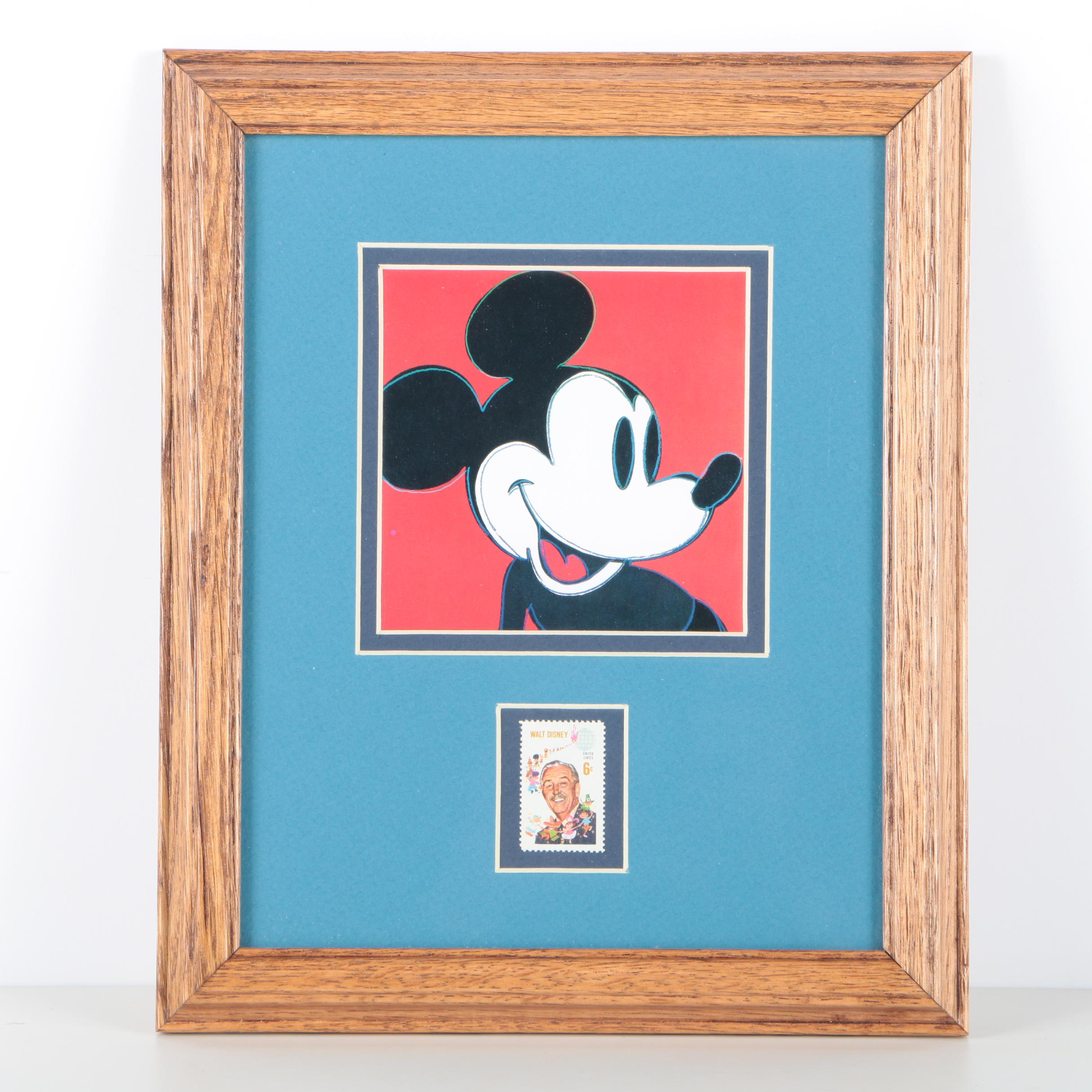 Offset Lithograph on Paper of Mickey Mouse With a Walt Disney Stamp