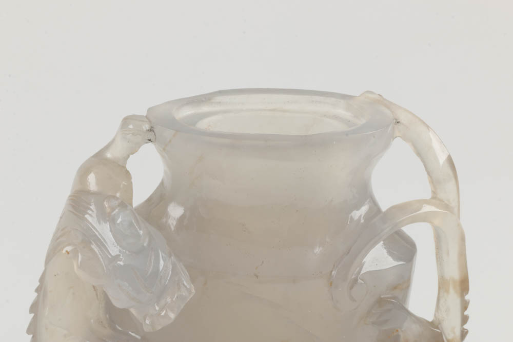 Chinese Carved Agate Chalcedony Figural Urn on Rosewood Base