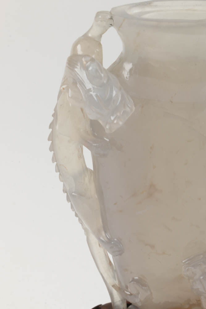 Chinese Carved Agate Chalcedony Figural Urn on Rosewood Base