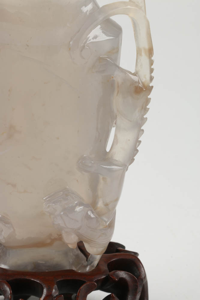 Chinese Carved Agate Chalcedony Figural Urn on Rosewood Base