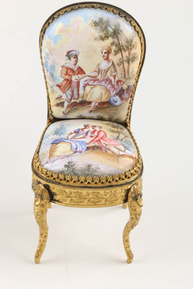 A Pair of Antique Miniature Viennese Enameled and Gilt Chairs