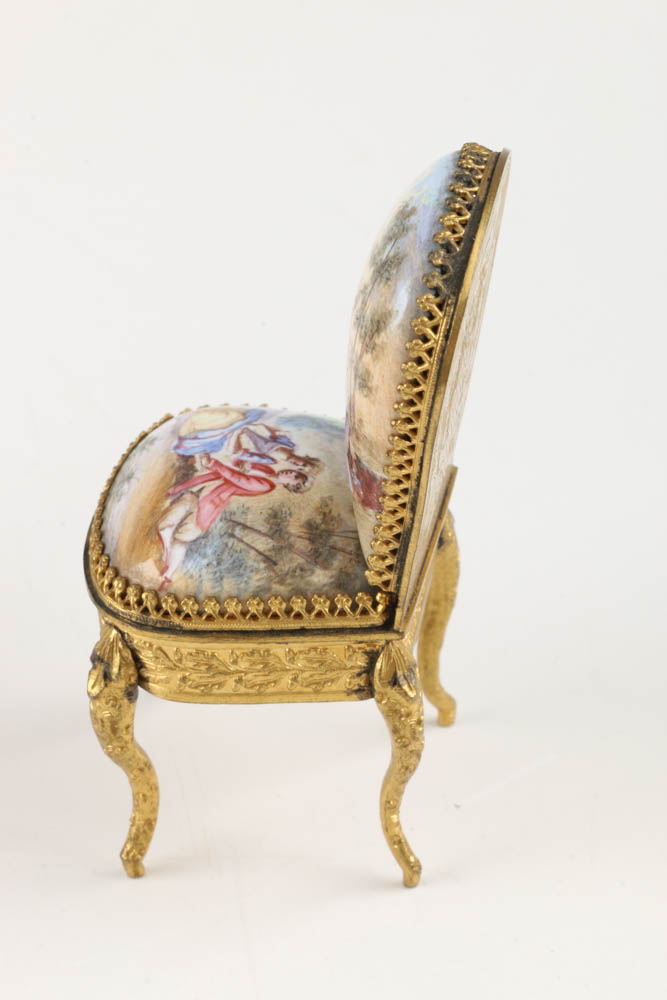 A Pair of Antique Miniature Viennese Enameled and Gilt Chairs