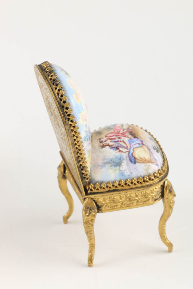 A Pair of Antique Miniature Viennese Enameled and Gilt Chairs
