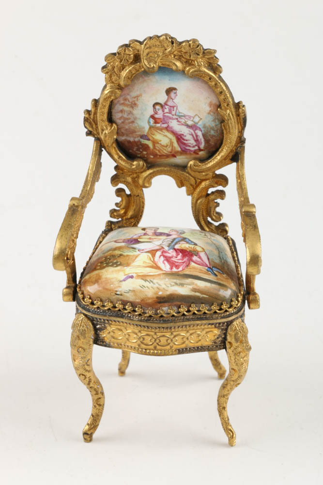 A Pair of Antique Miniature Viennese Enameled and Gilt Chairs