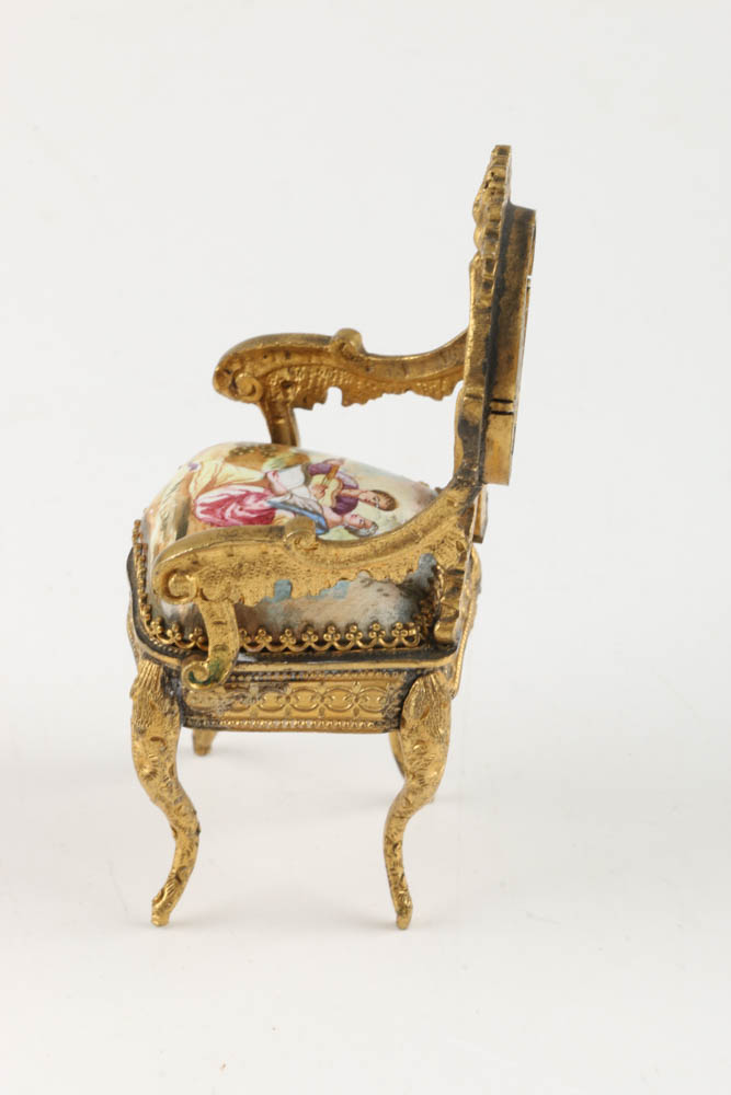 A Pair of Antique Miniature Viennese Enameled and Gilt Chairs
