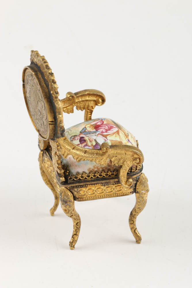 A Pair of Antique Miniature Viennese Enameled and Gilt Chairs