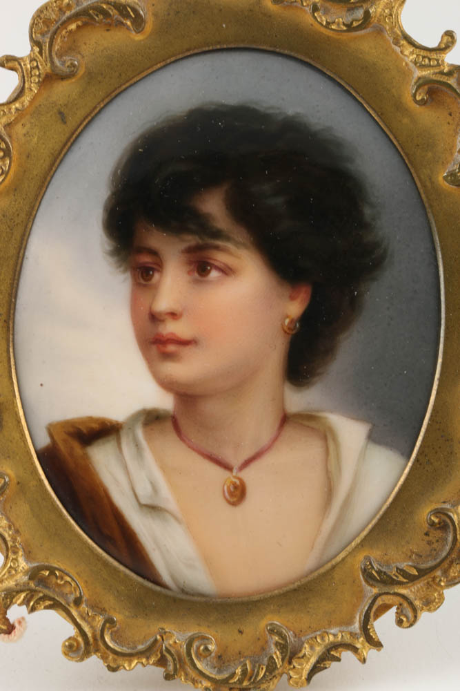 Antique KPM Style Female Portrait on Porcelain with Brass Frame