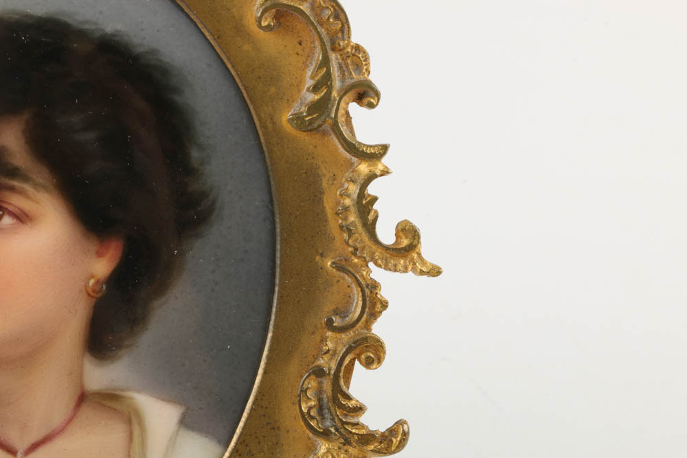 Antique KPM Style Female Portrait on Porcelain with Brass Frame