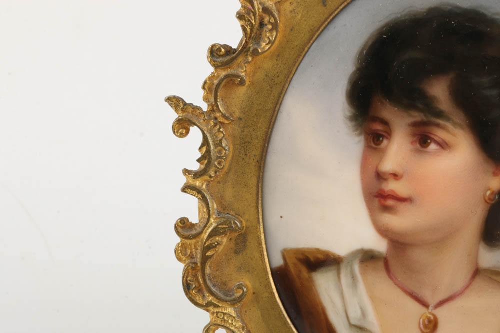 Antique KPM Style Female Portrait on Porcelain with Brass Frame