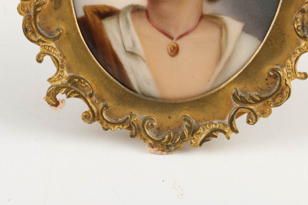 Antique KPM Style Female Portrait on Porcelain with Brass Frame