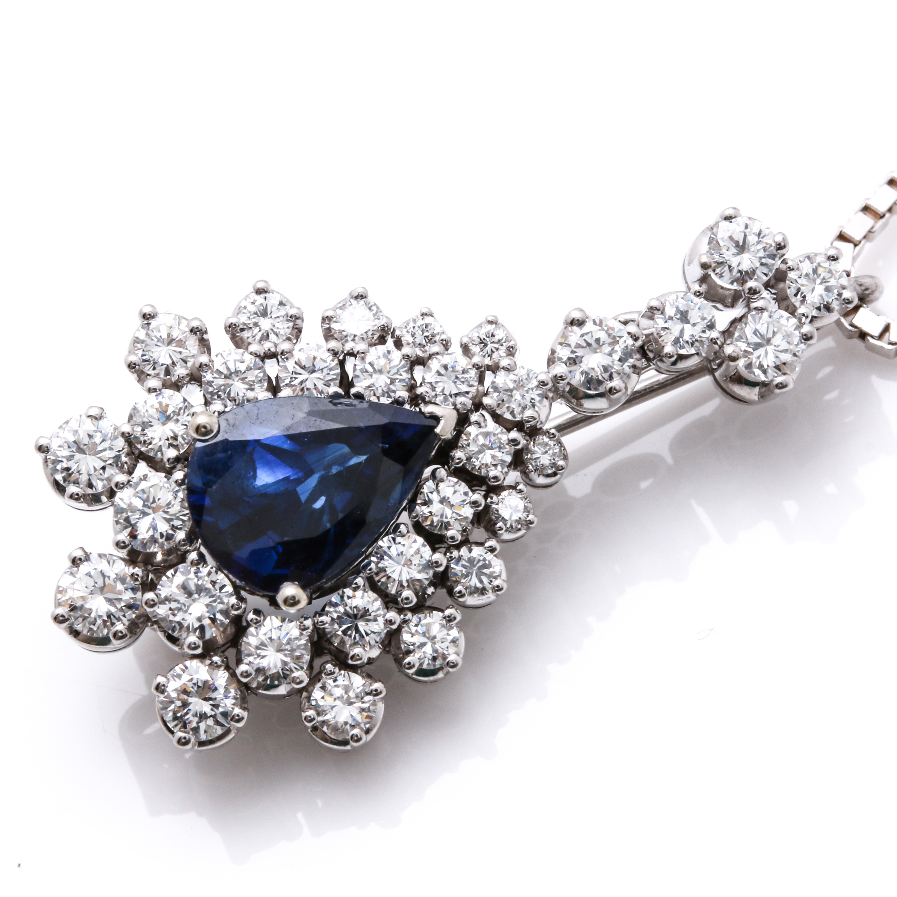 18K White Gold 1.97 CT Sapphire and 1.75 CTW Diamond Pendant Brooch with 14K White Gold Box Chain
