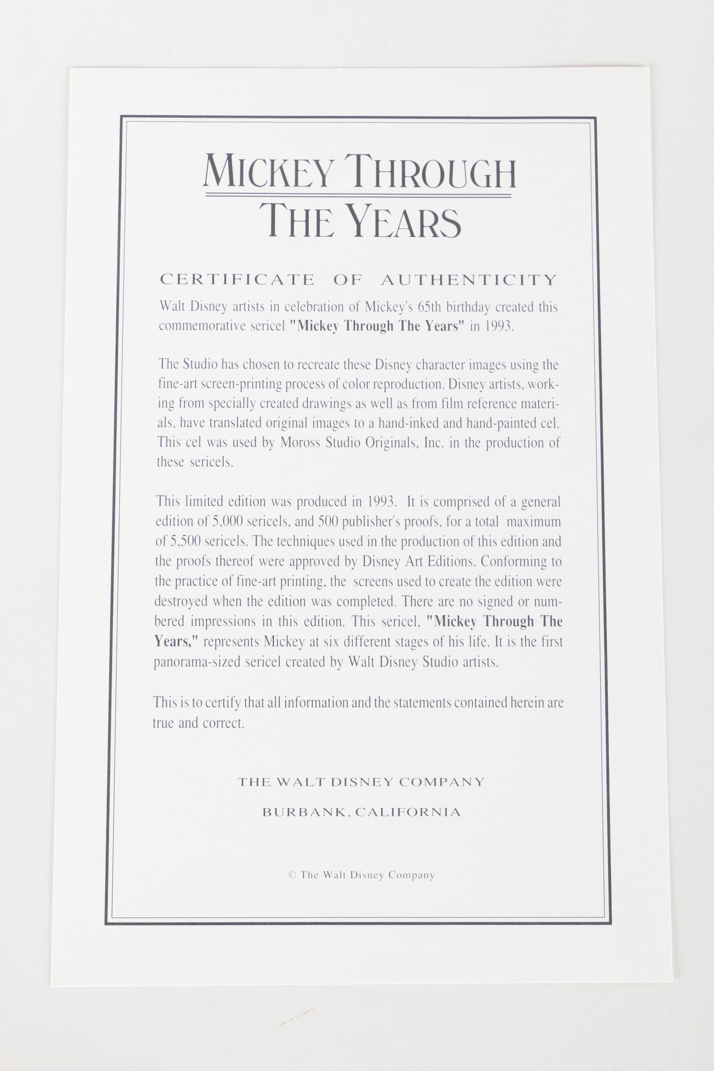 The Walt Disney Company Limited Edition Sericel "Mickey Through the Years"