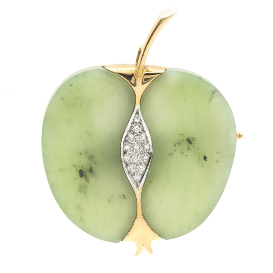 Stalder 18K Yellow Gold Carved Nephrite Apple Pendant Brooch with Diamonds