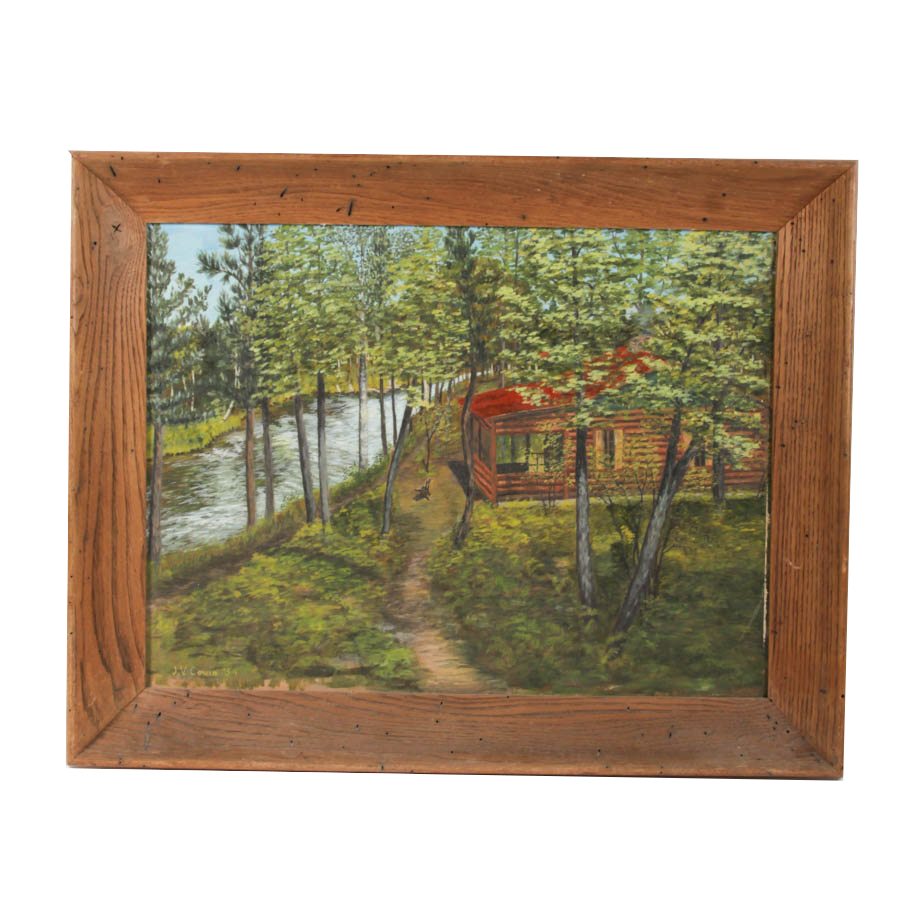 J.V. Cowin 1954 Oil Painting on Canvas of Forest Landscape With Log Cabin