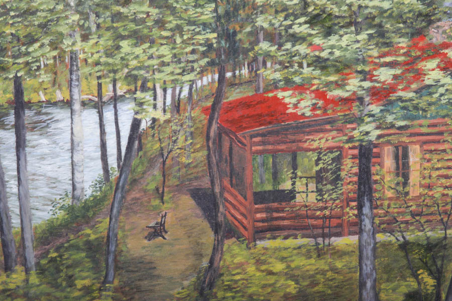 J.V. Cowin 1954 Oil Painting on Canvas of Forest Landscape With Log Cabin