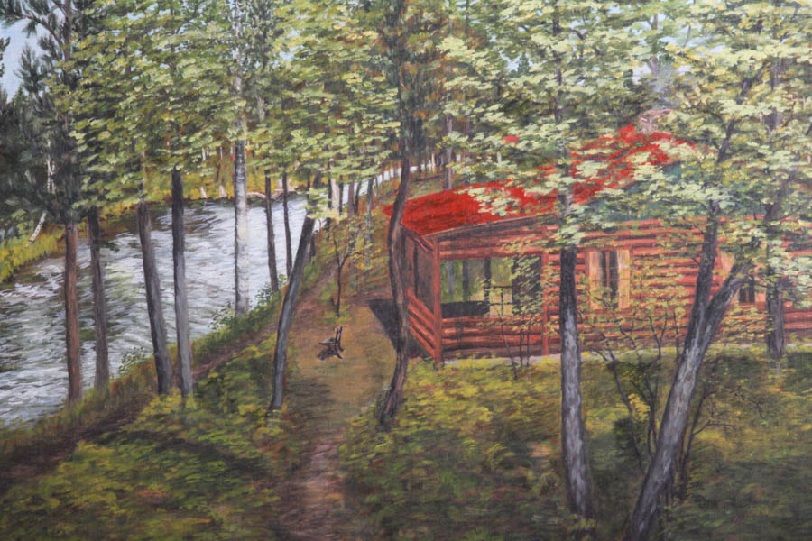 J.V. Cowin 1954 Oil Painting on Canvas of Forest Landscape With Log Cabin