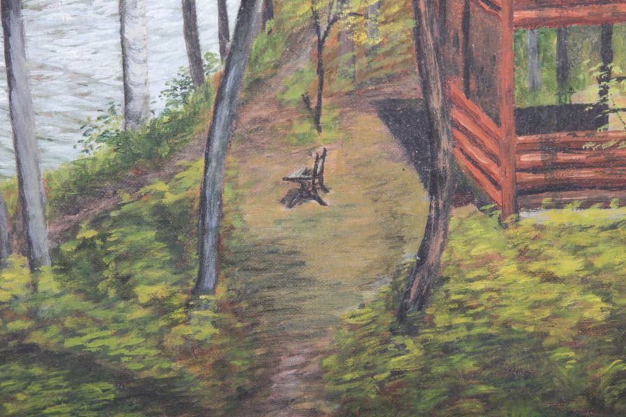 J.V. Cowin 1954 Oil Painting on Canvas of Forest Landscape With Log Cabin